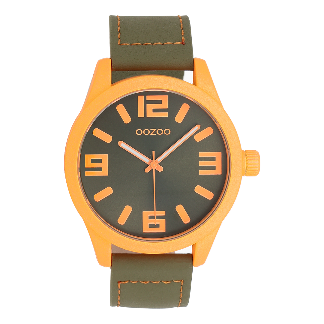 Fluo orange OOZOO watch with green leather strap - C0917