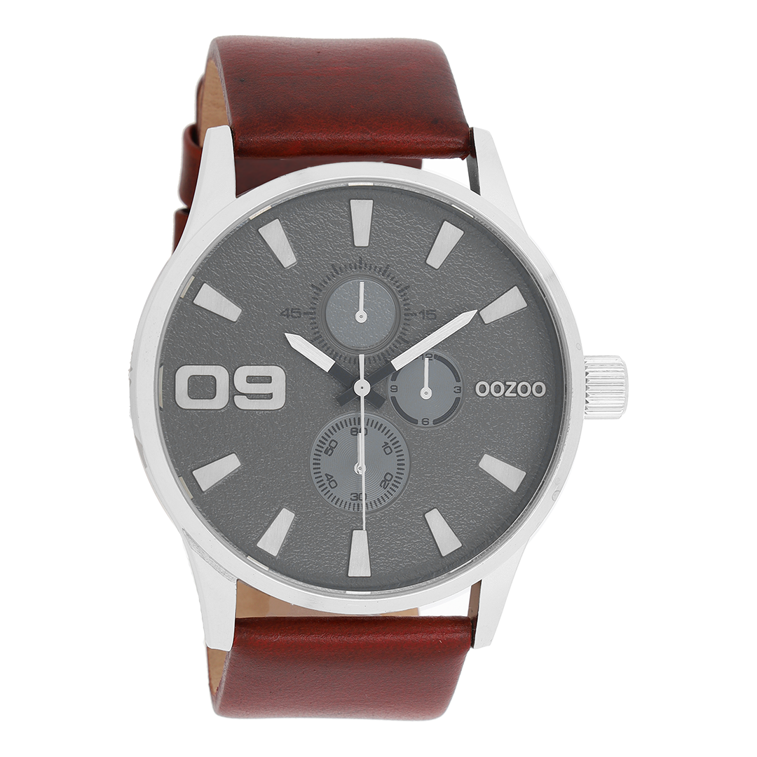 Silver coloured OOZOO watch with dark brown leather strap - C10348