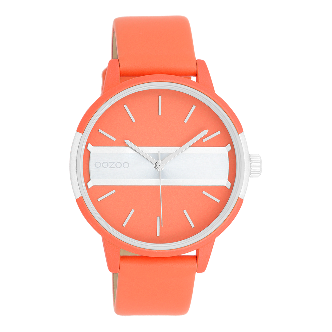 Neon red/gold coloured OOZOO watch with neon orange leather strap - C11190