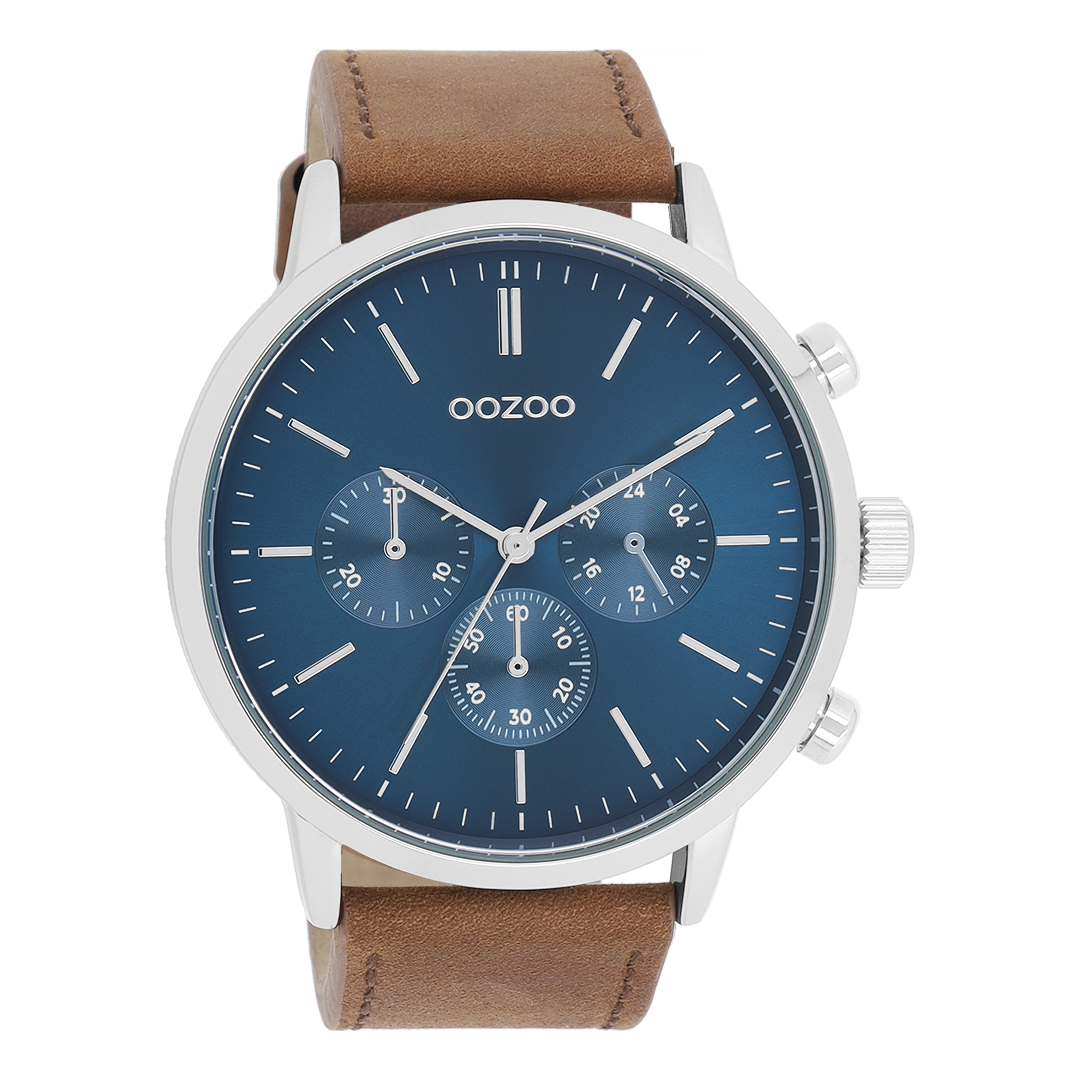 OOZOO Montre en couleur argent avec bracelet en cuir en marron - C11200