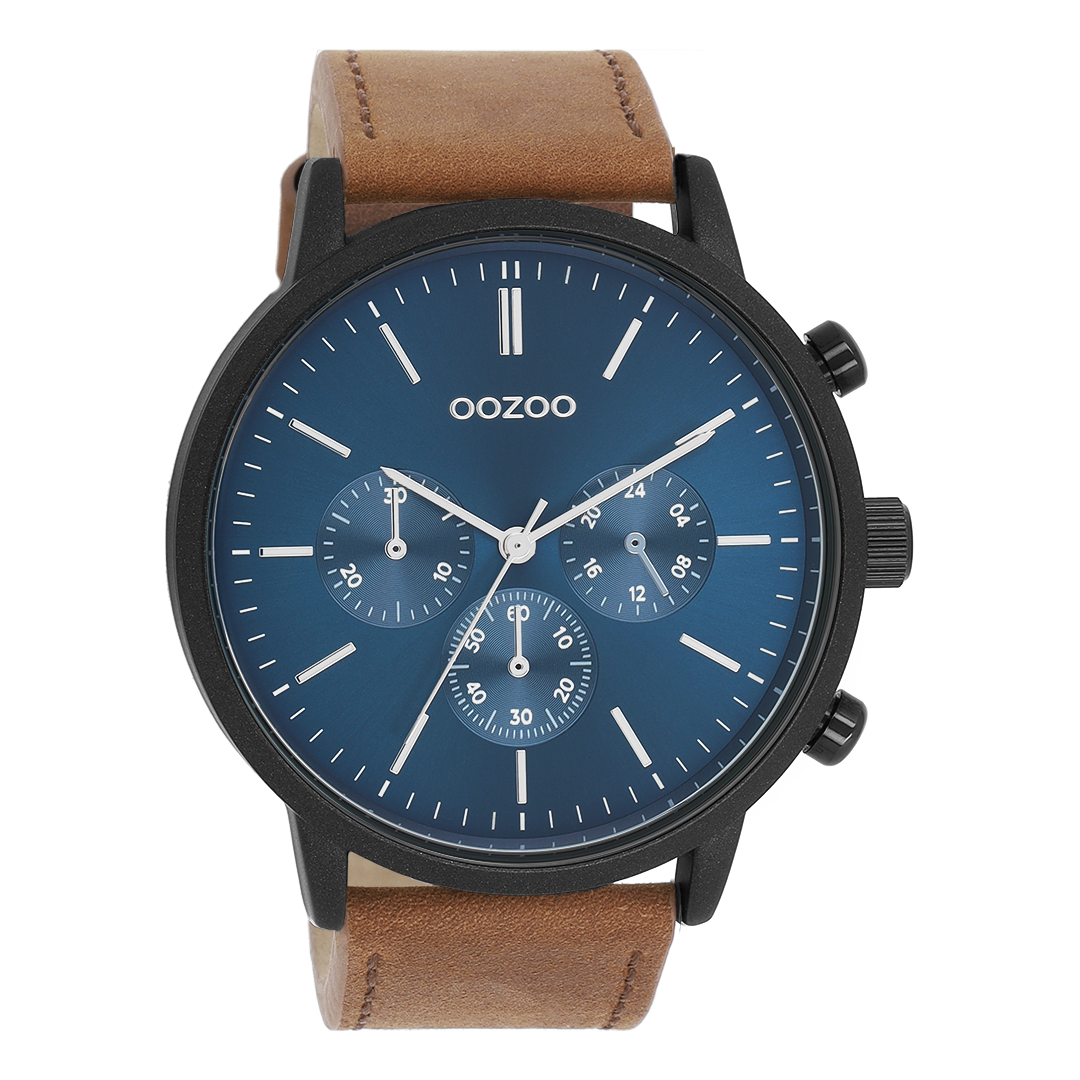 OOZOO Montre en noir avec bracelet en cuir en marron - C11202