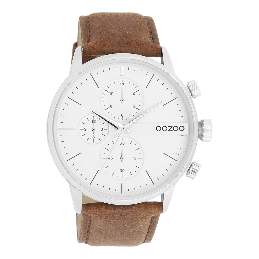 OOZOO Montre en couleur argent avec bracelet en cuir en marron - C11220