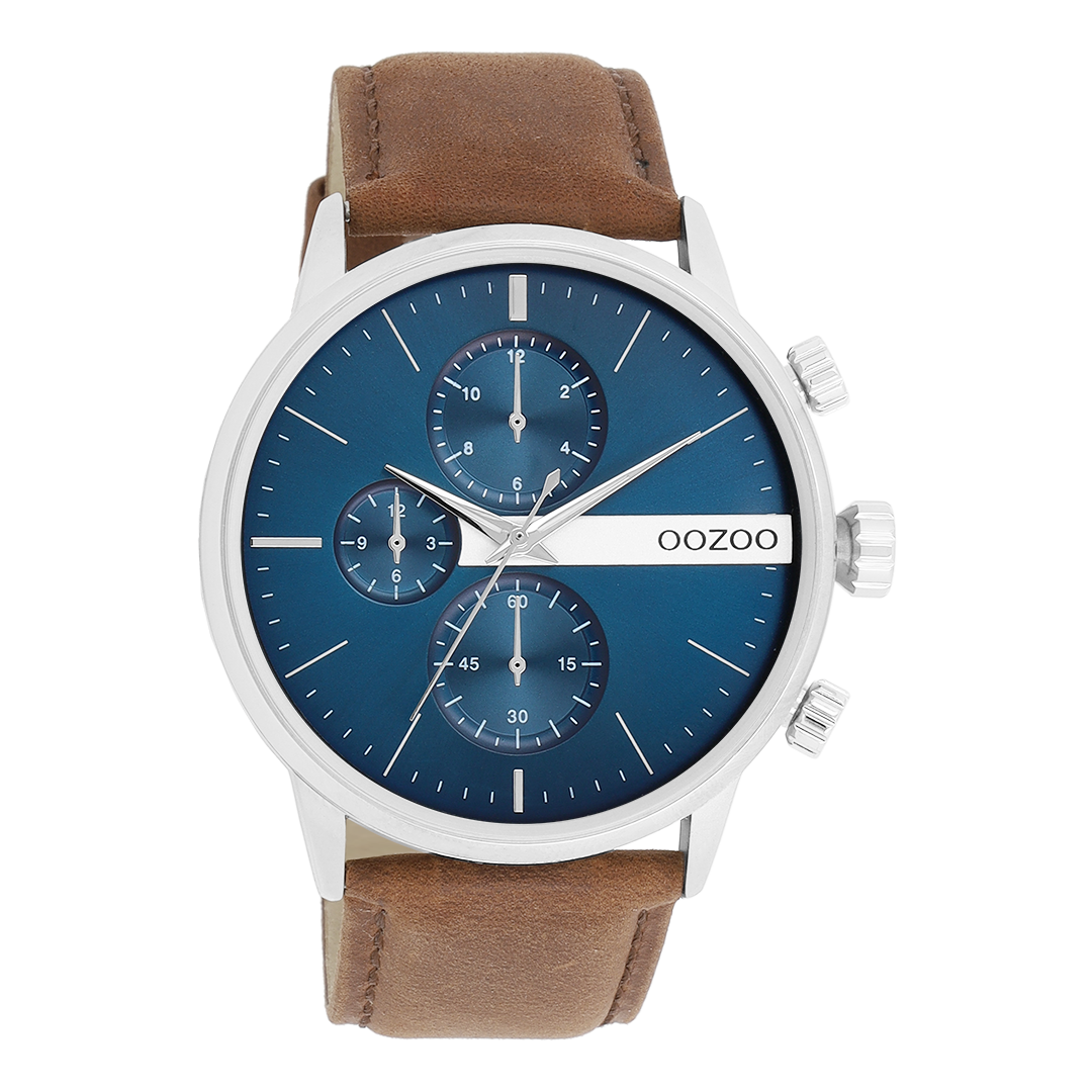 OOZOO Montre en couleur argent avec bracelet en cuir en marron - C11221