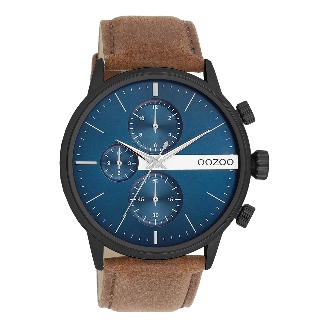 OOZOO Montre en noir avec bracelet en cuir en marron - C11222