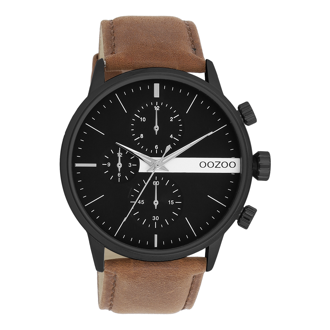 OOZOO Montre en noir avec bracelet en cuir en marron - C11223