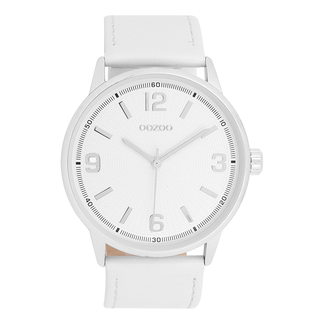 Silver coloured OOZOO watch with white leather strap - C11500