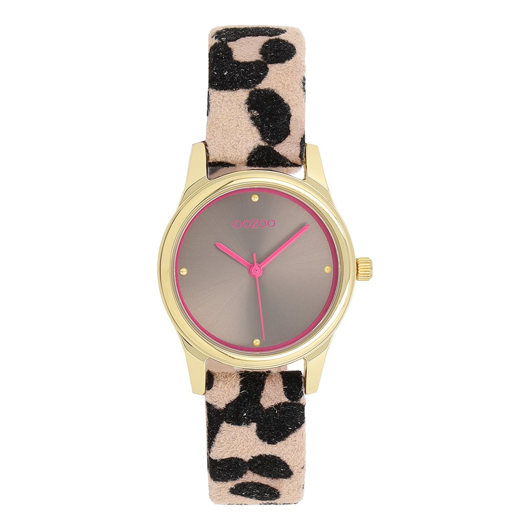 Gold coloured OOZOO watch with brown/black leather strap - C11626