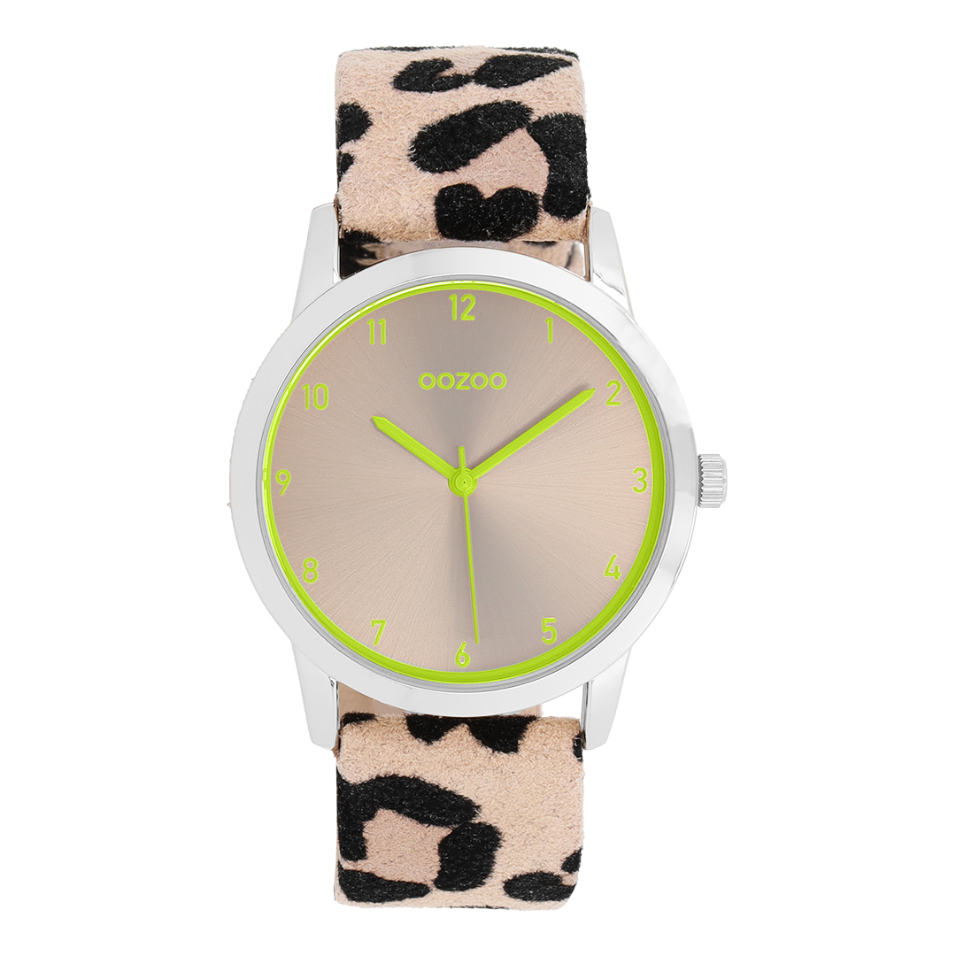 Silver coloured OOZOO watch with brown leather strap - C11645