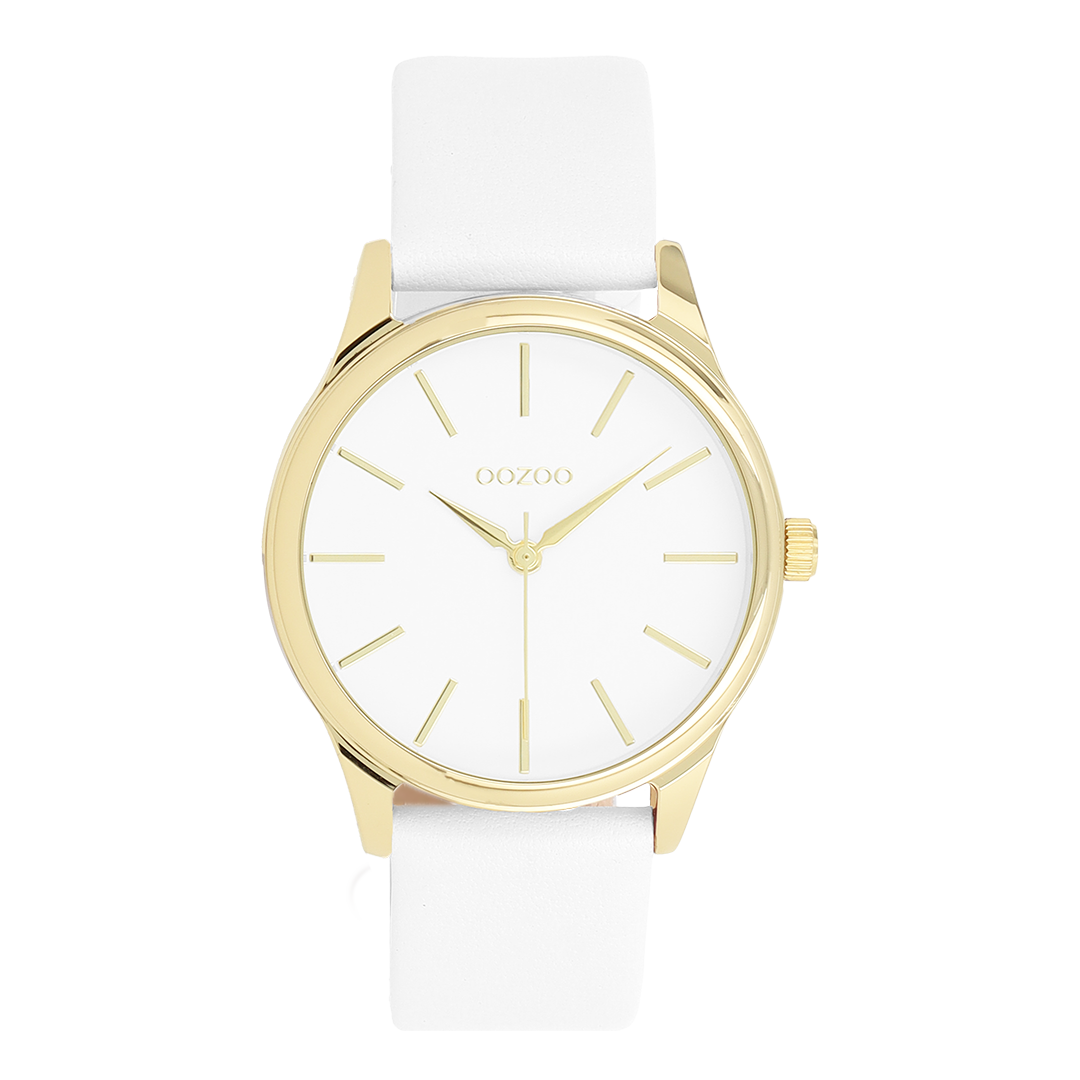 Gold coloured OOZOO watch with white leather strap - C11675