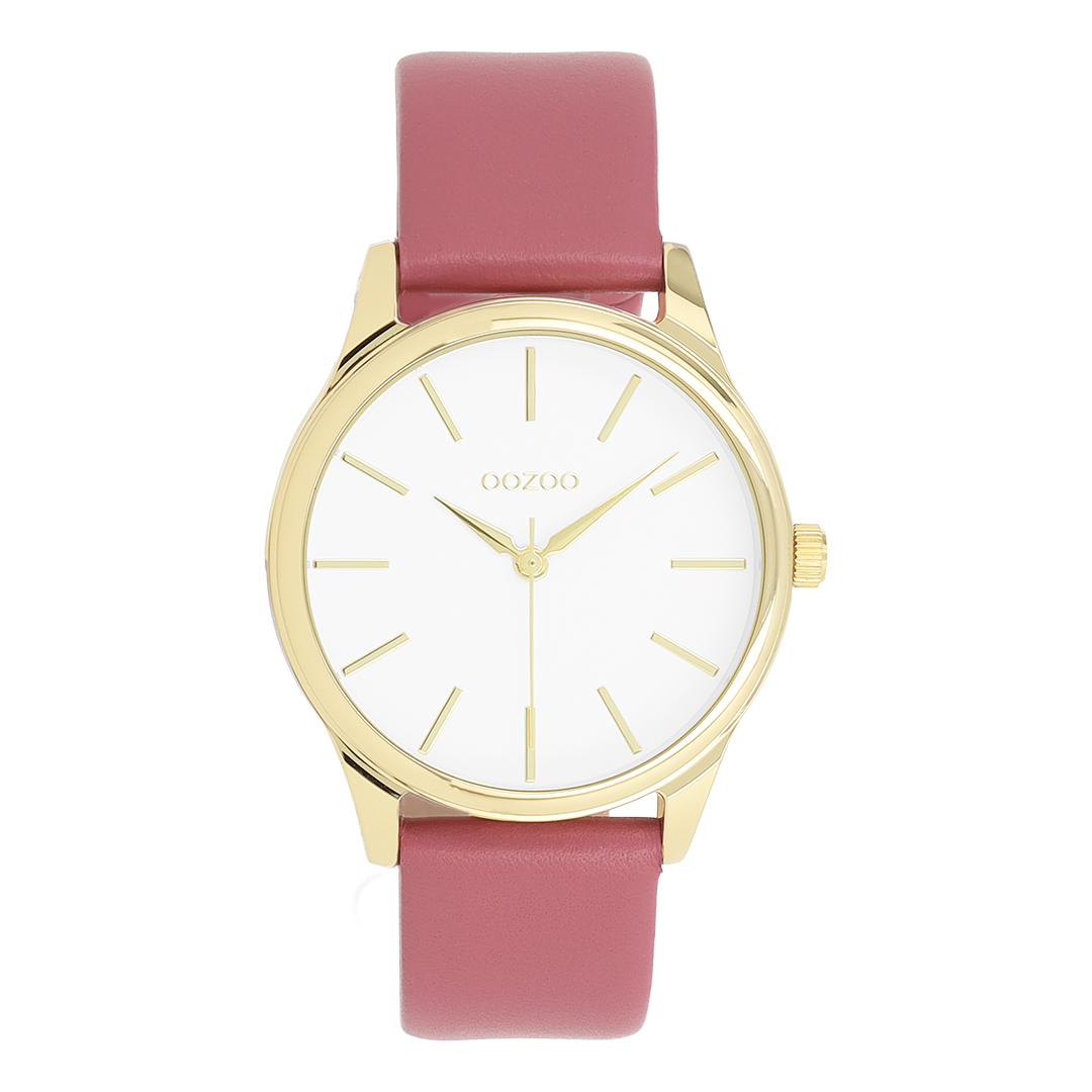 Gold coloured OOZOO watch with pink leather strap - C11676