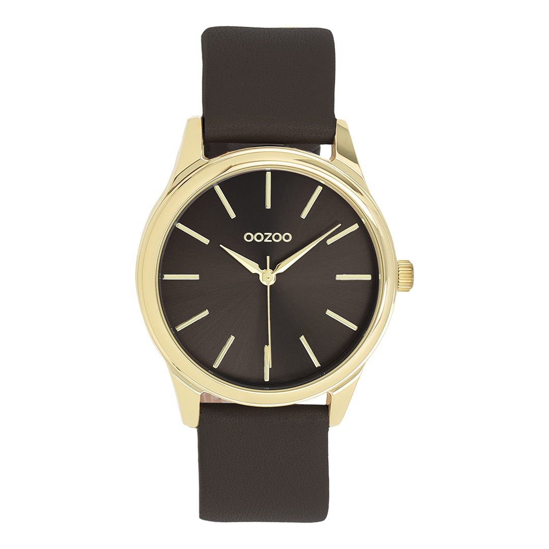 Gold coloured OOZOO watch with dark brown leather strap - C11678