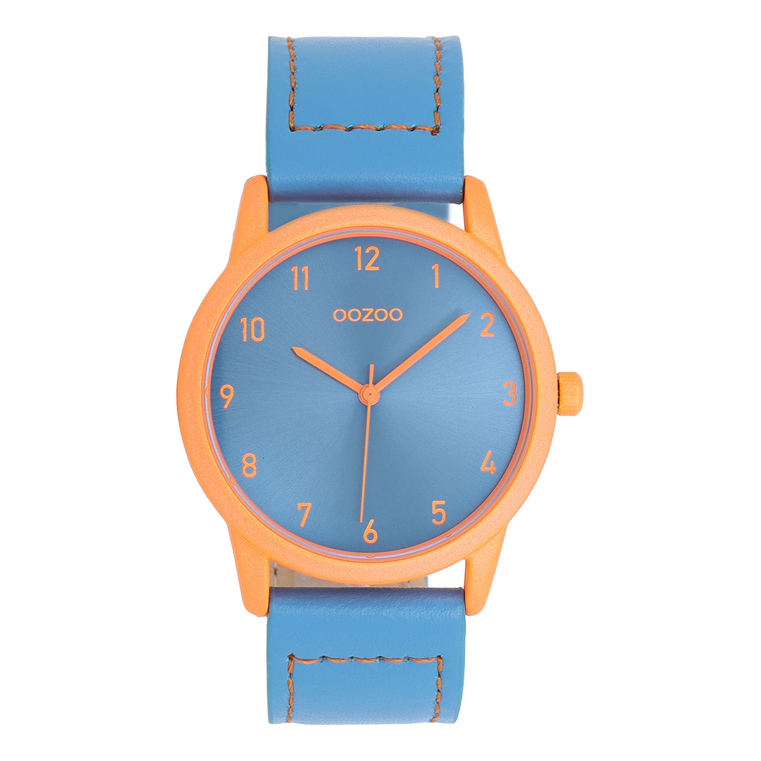 Fluo orange OOZOO watch with blue leather strap - C11683
