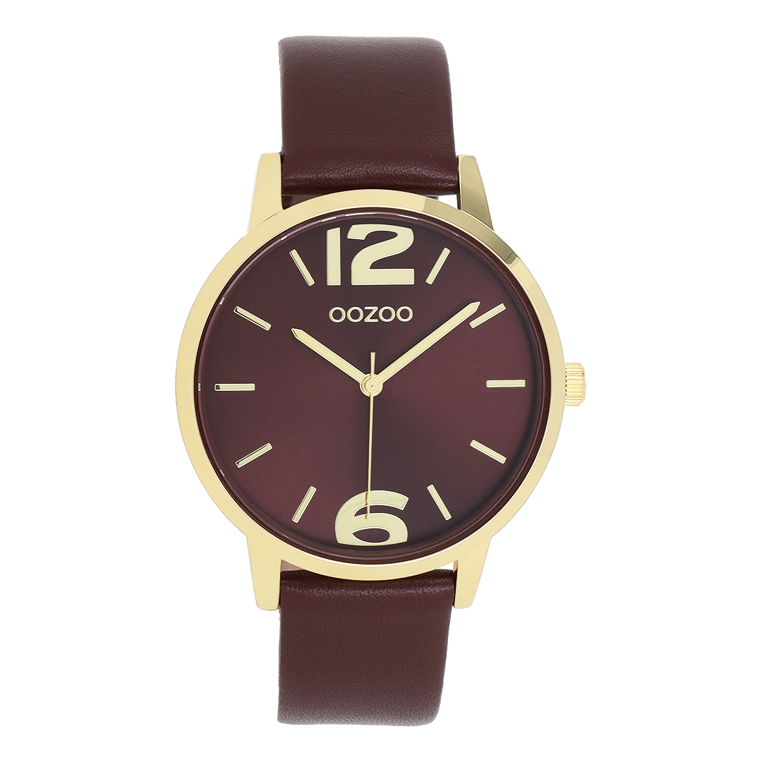 Gold coloured OOZOO watch with bordeaux leather strap - C11728