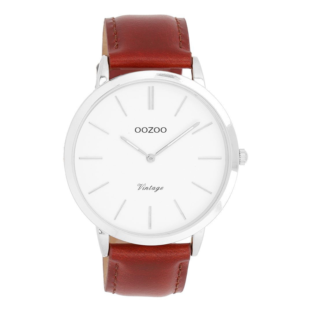 Silver coloured OOZOO watch with brown leather strap - C20385