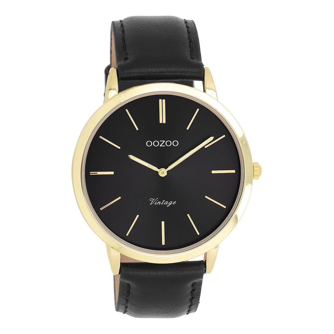 Gold coloured OOZOO watch with black leather strap - C20389