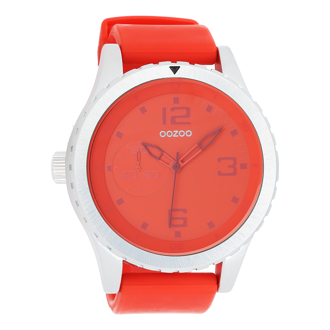 Silver coloured OOZOO watch with red rubber strap - C3670