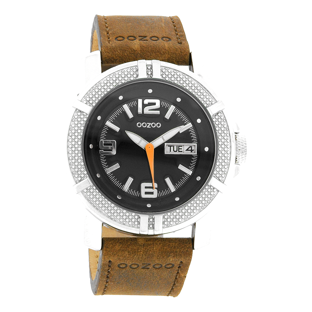 Silver coloured OOZOO watch with cognac leather strap - C4107