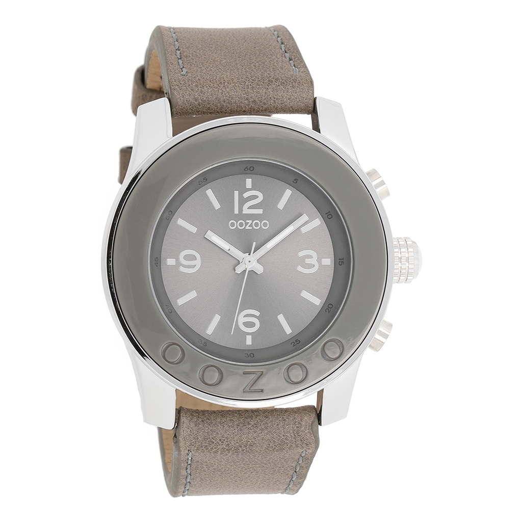 Silver coloured OOZOO watch with grey leather strap - C4567