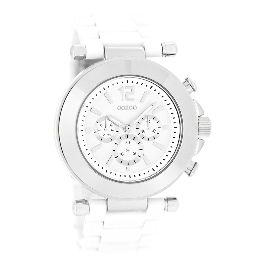 Silver coloured OOZOO watch with white plastic watch strap - C4880