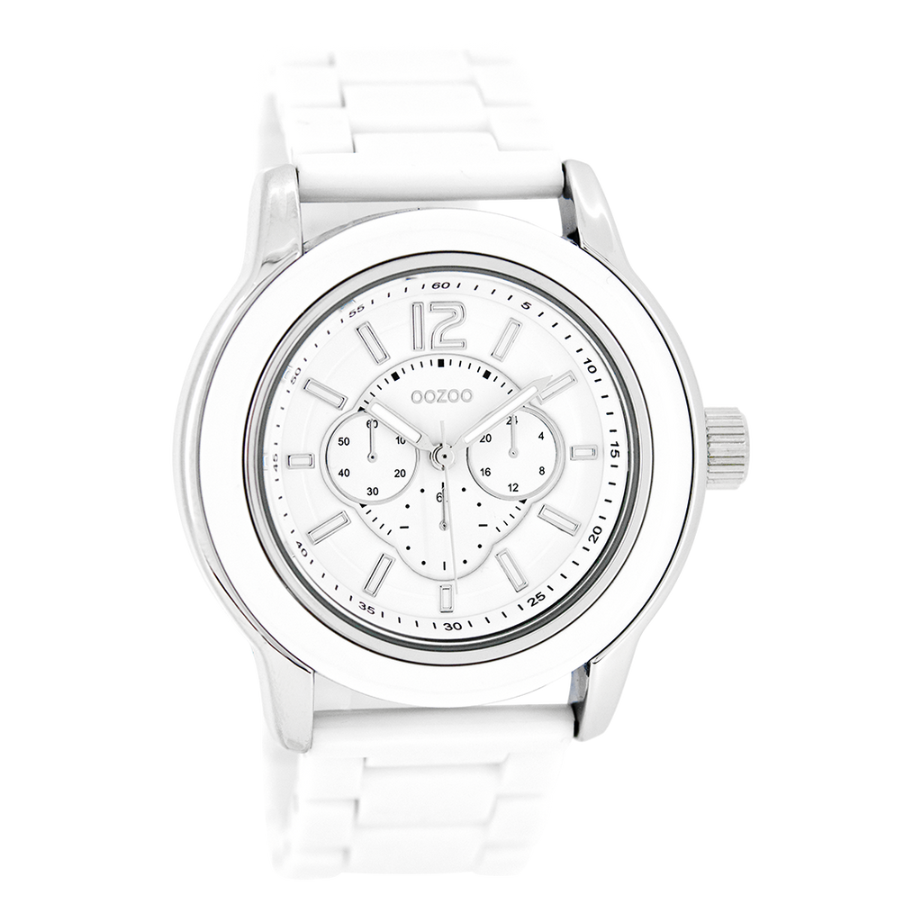 Silver coloured OOZOO watch with white plastic watch strap - C4940