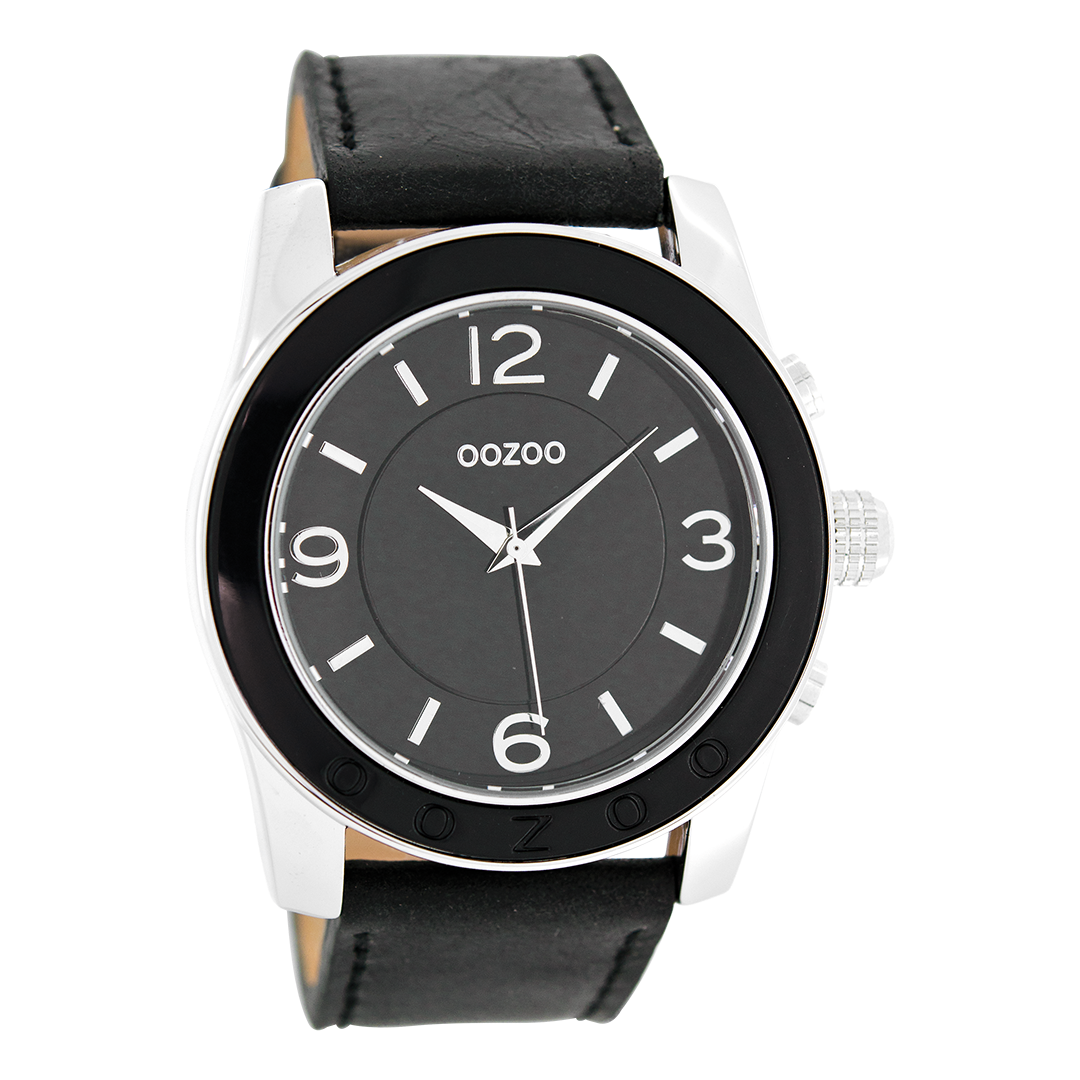 Silver coloured OOZOO watch with black leather strap - C5390