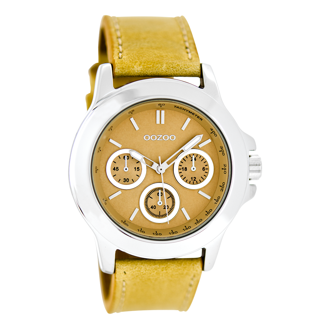 Silver coloured OOZOO watch with beige leather strap - C6185