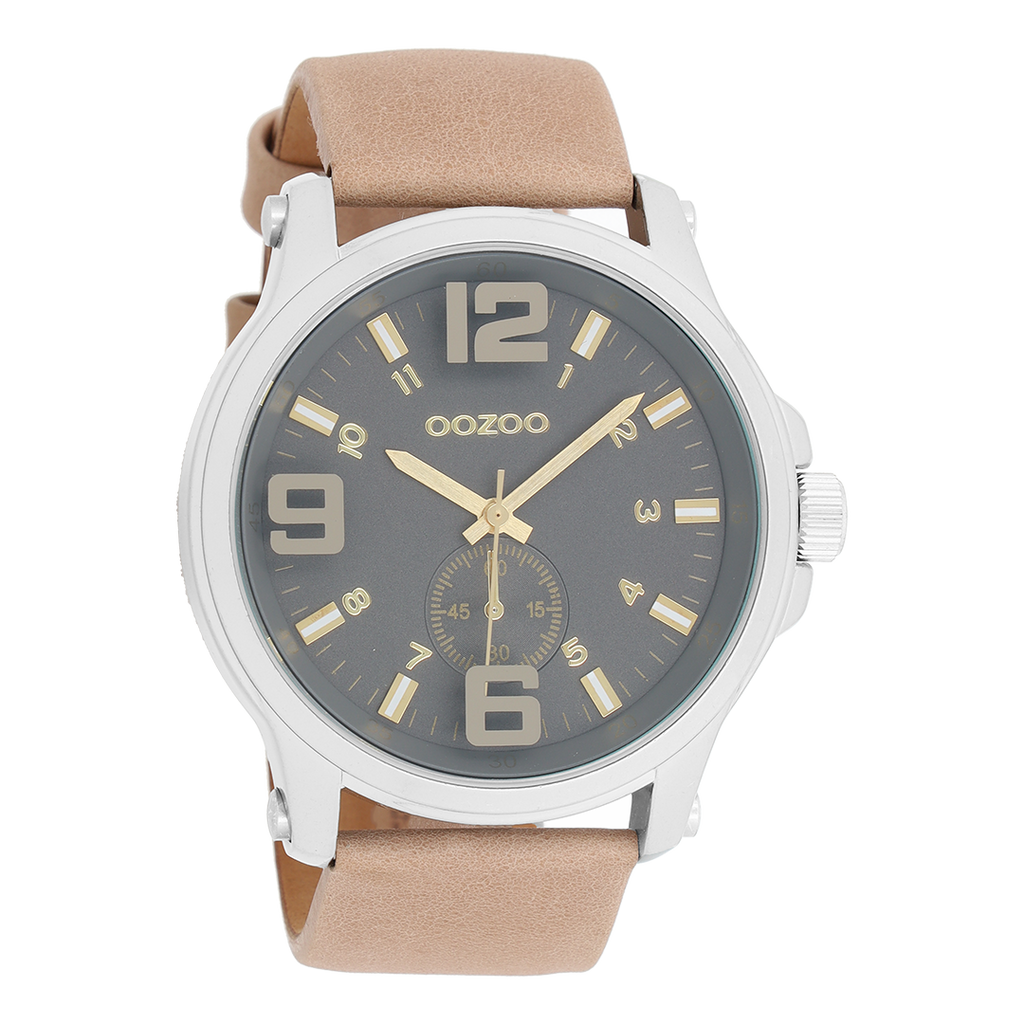 Silver coloured OOZOO watch with sand leather strap - C6455