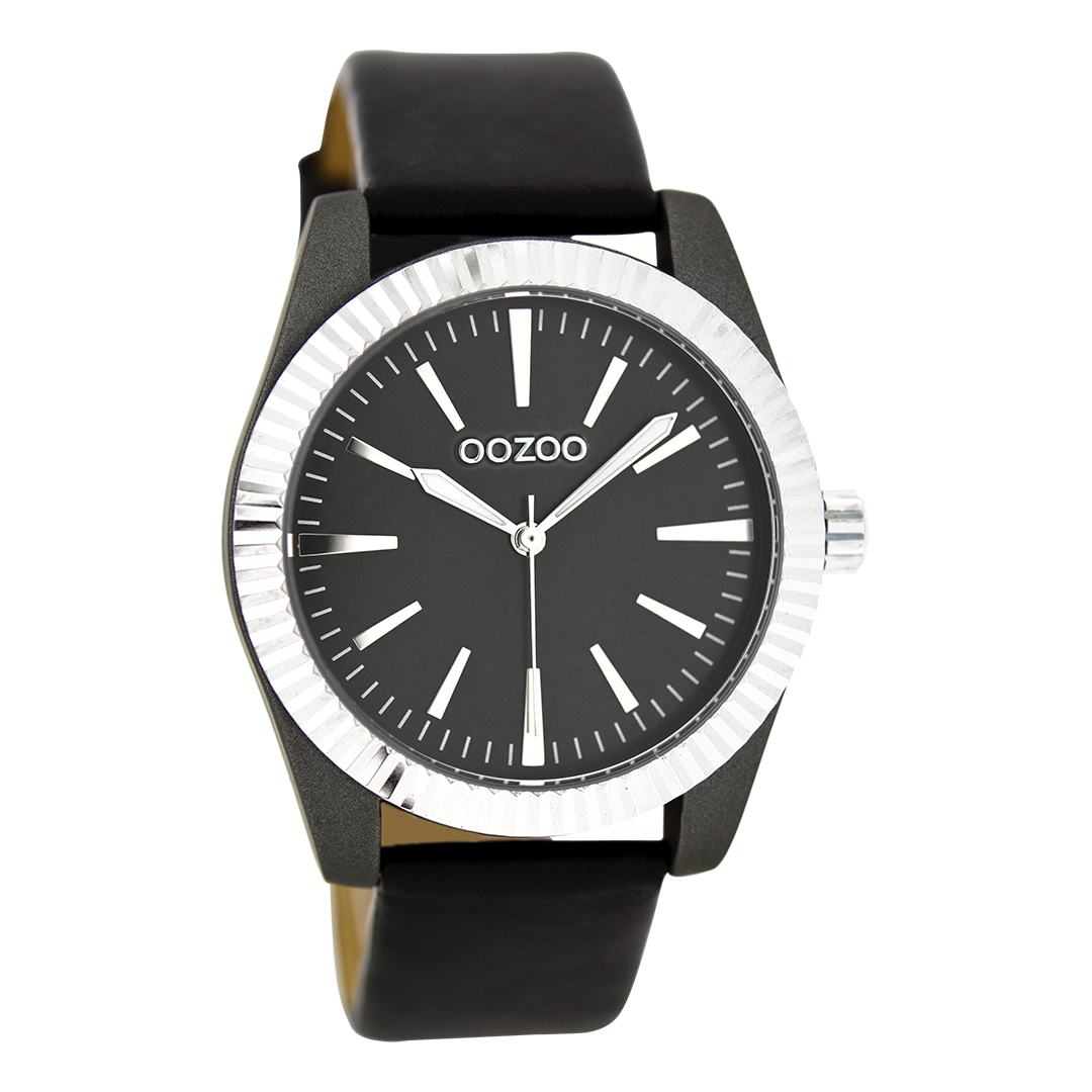 Silver coloured OOZOO watch with black leather strap - C6519