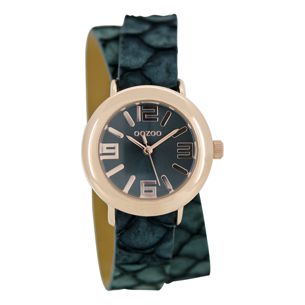 Rose gold coloured OOZOO watch with aqua green leather strap - C6543