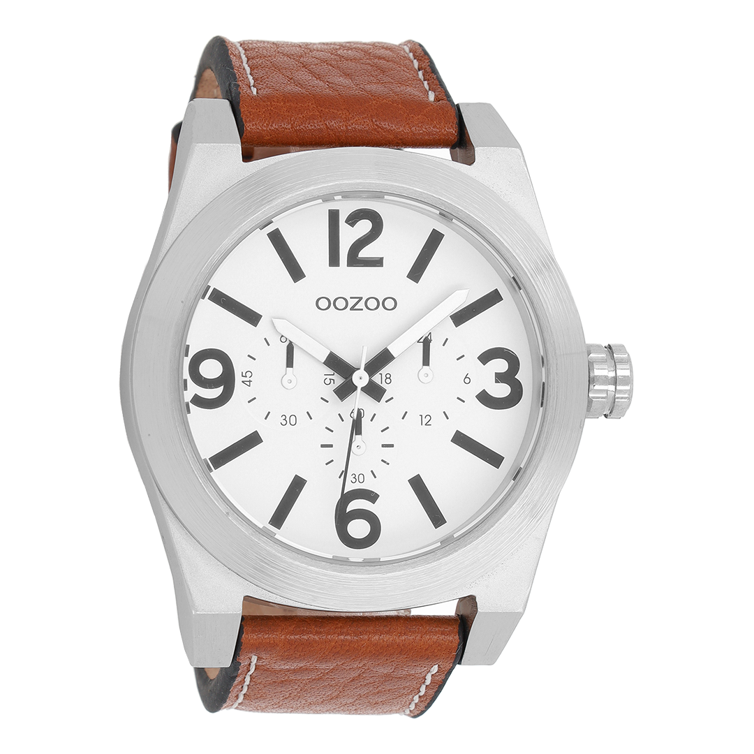Silver coloured OOZOO watch with cognac leather strap - C6730