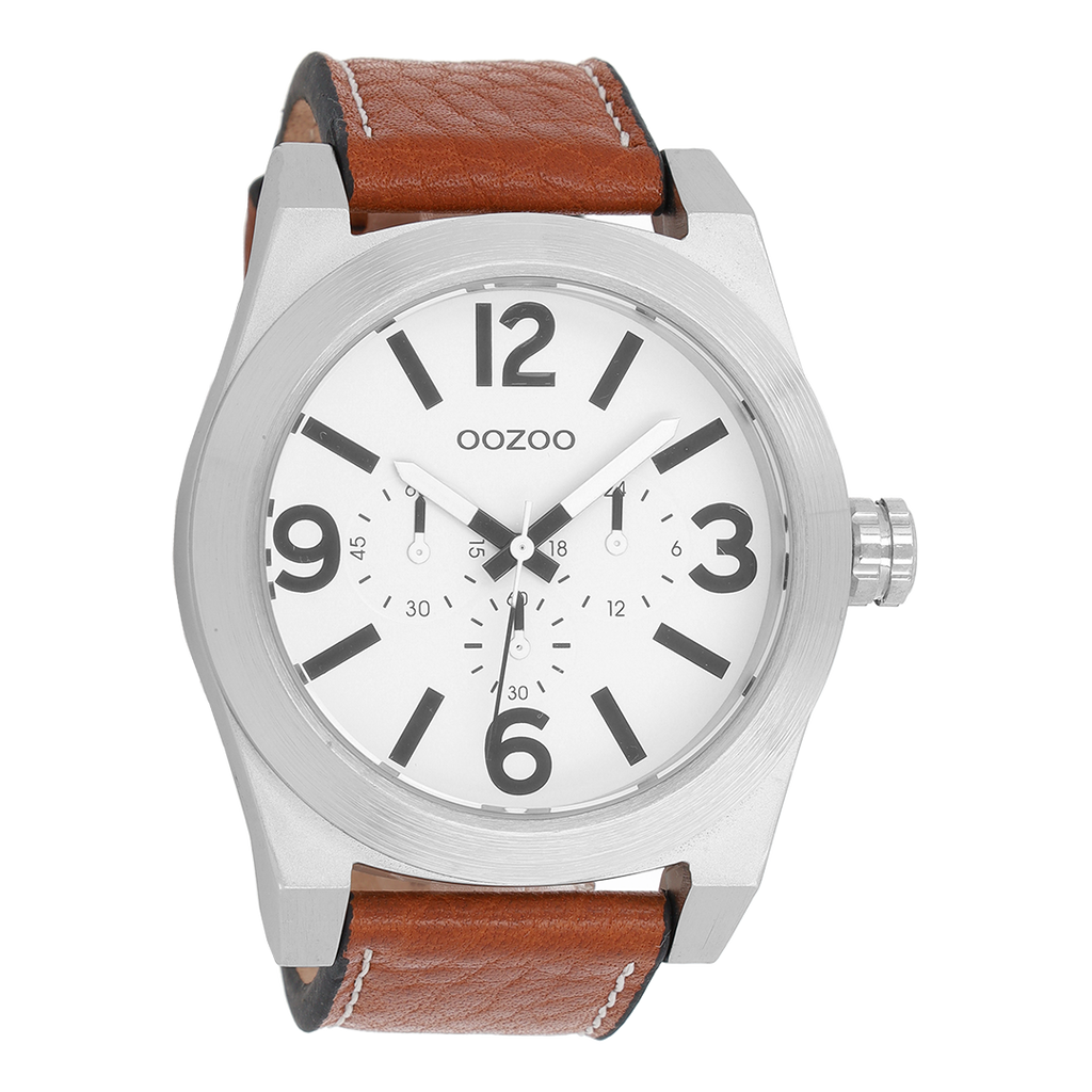 Silver coloured OOZOO watch with cognac leather strap - C6730