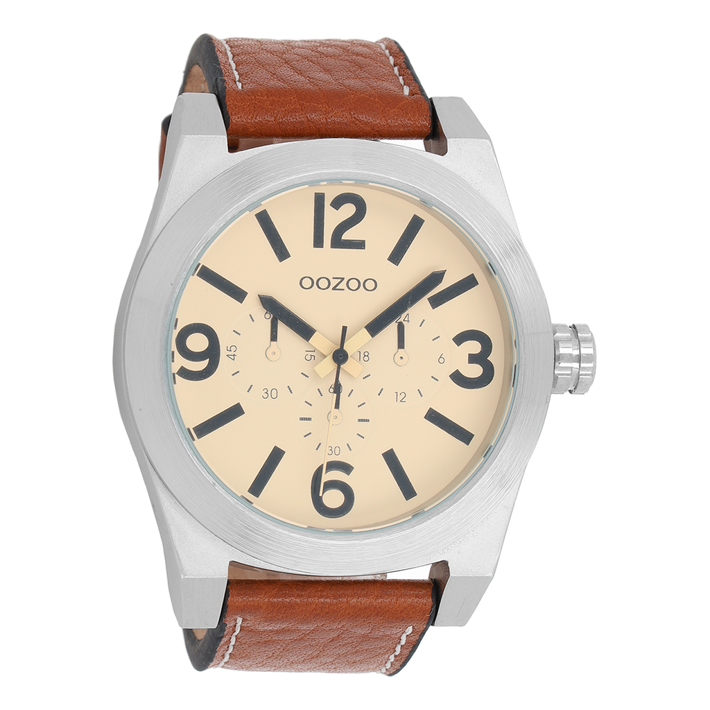 Silver coloured OOZOO watch with cognac leather strap - C6731