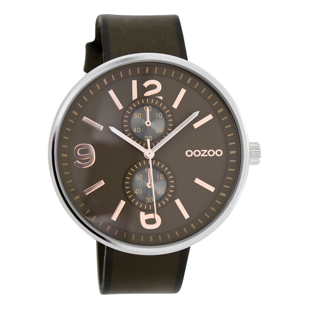Silver coloured OOZOO watch with dark brown leather strap - C7078