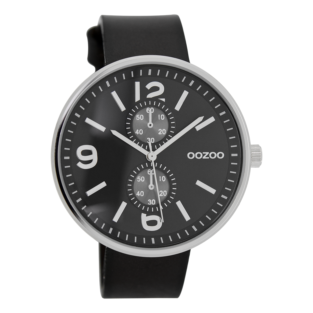 Silver coloured OOZOO watch with black leather strap - C7079