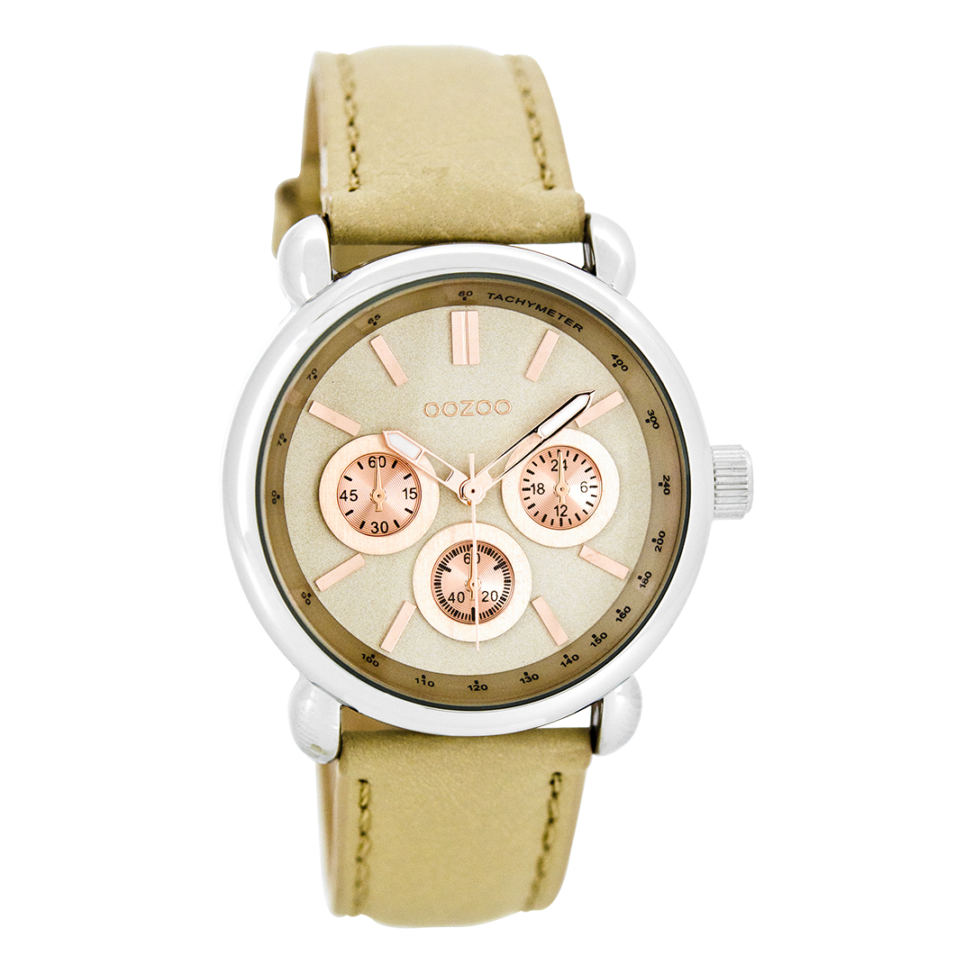 Silver coloured OOZOO watch with sand leather strap - C7135