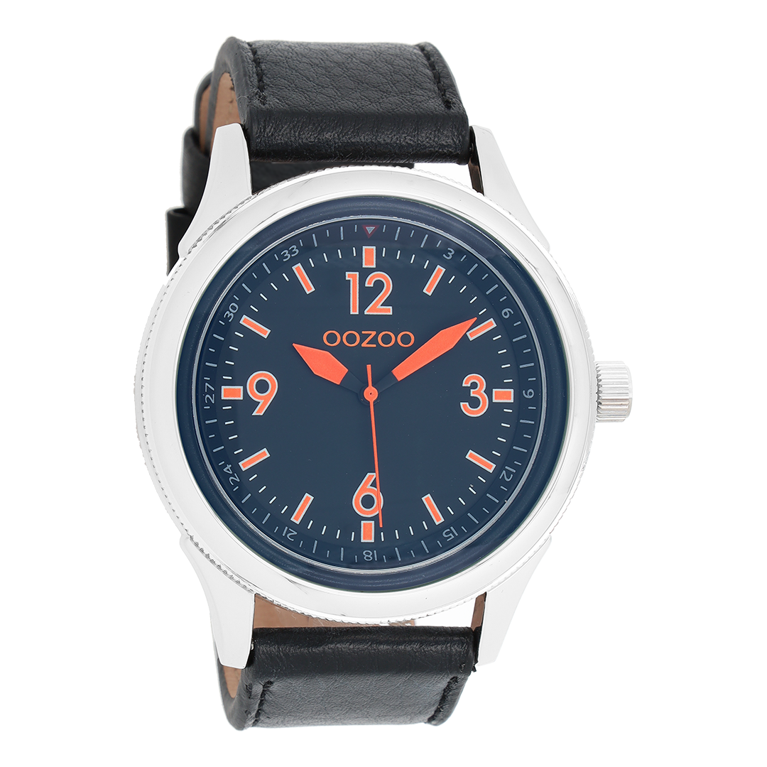 Silver coloured OOZOO watch with black leather strap - C7479
