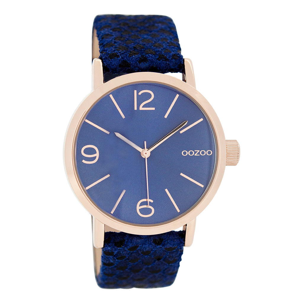Rose gold coloured OOZOO watch with dark blue leather strap - C7577