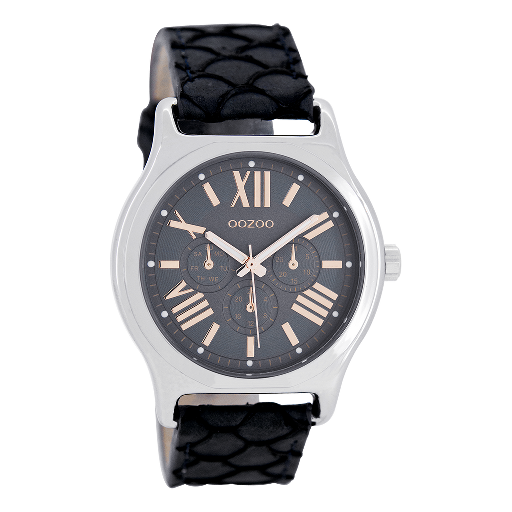 Silver coloured OOZOO watch with dark blue leather strap - C7612