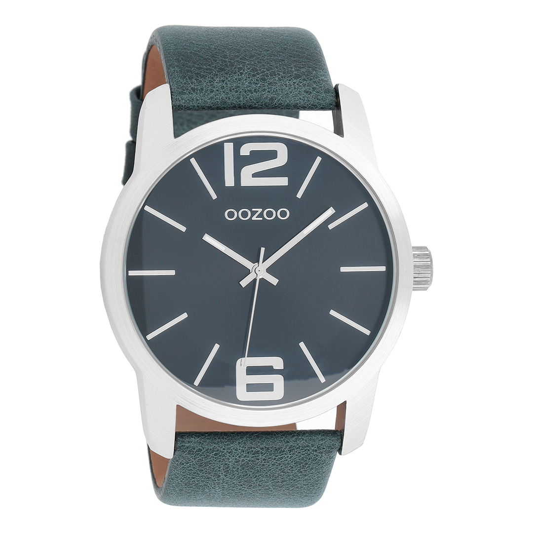 Silver coloured OOZOO watch with blue leather strap - C8034