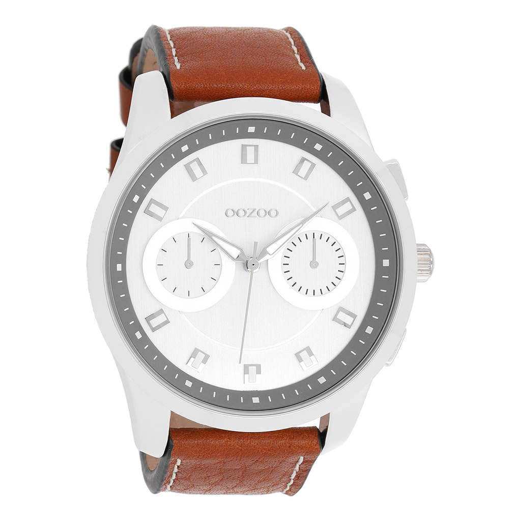 Silver coloured OOZOO watch with cognac leather strap - C8205