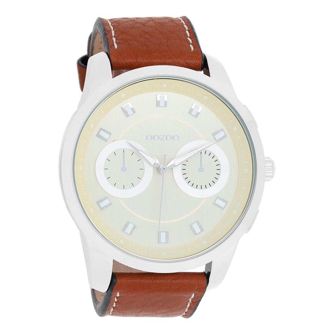 Silver coloured OOZOO watch with cognac leather strap - C8206