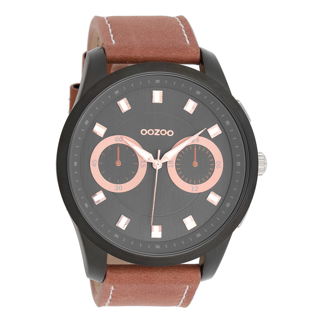 Black OOZOO watch with brown leather strap - C8208