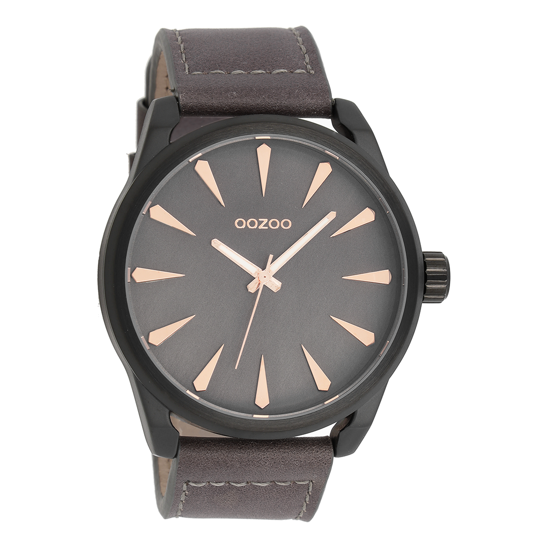 Black OOZOO watch with dark brown leather strap - C8228