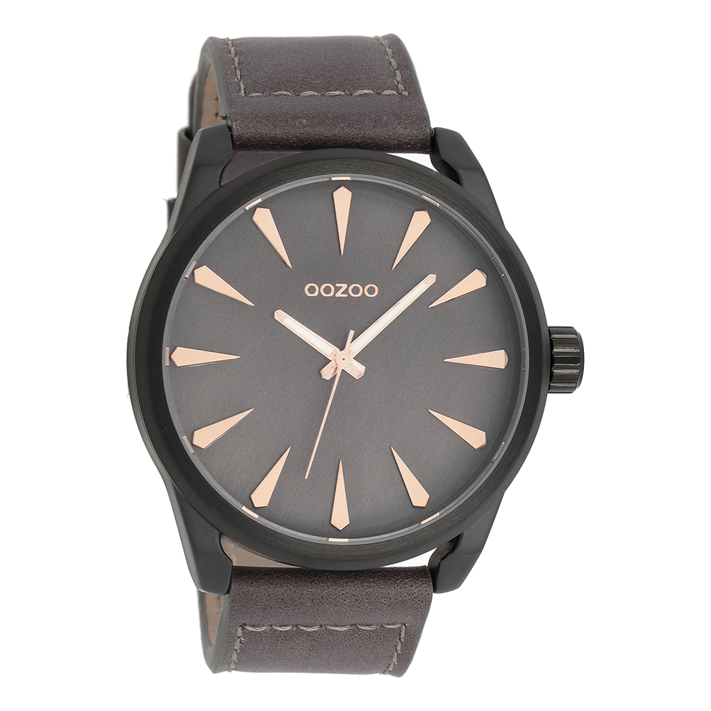 Black OOZOO watch with dark brown leather strap - C8228