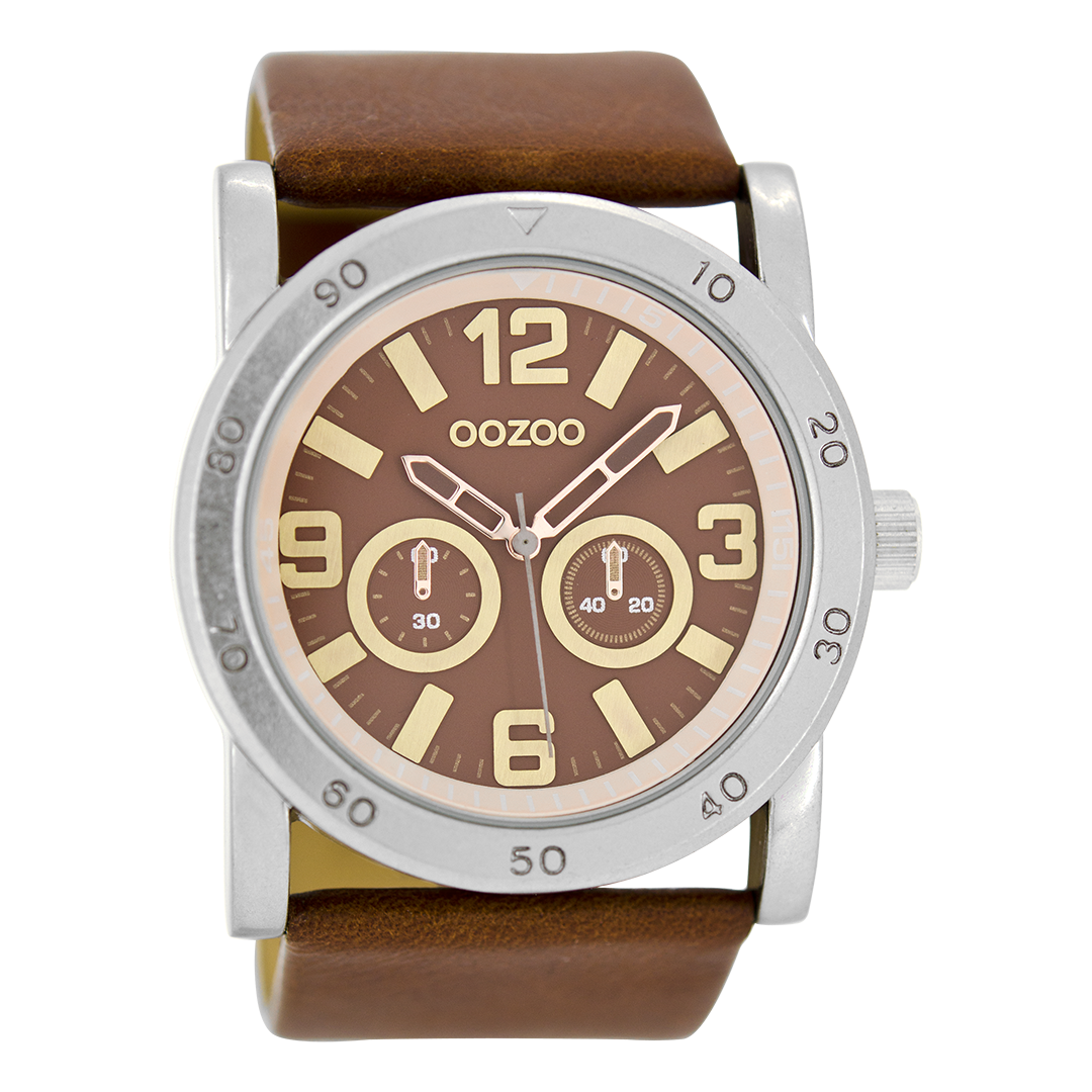 Silver coloured OOZOO watch with brown leather strap - C8306