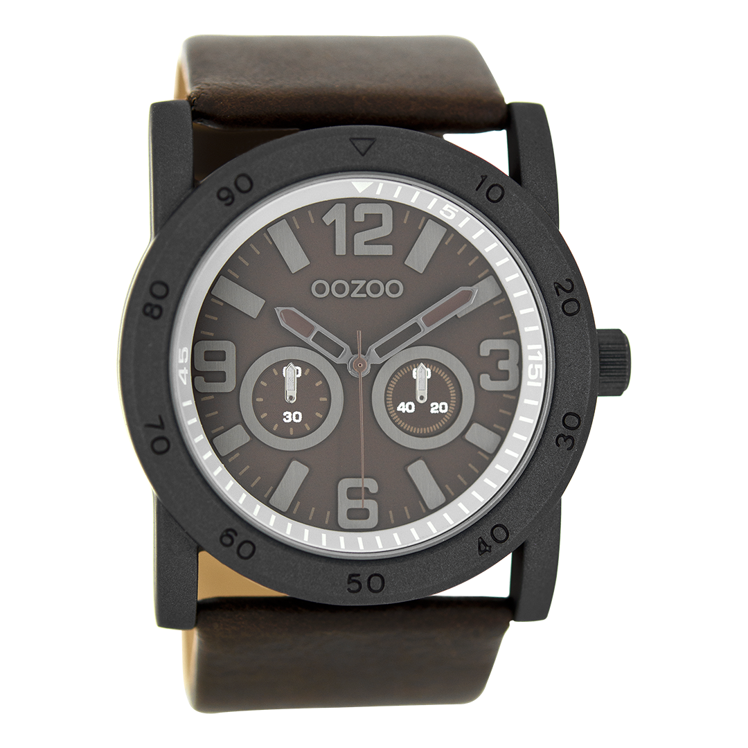 Black OOZOO watch with dark brown leather strap - C8308