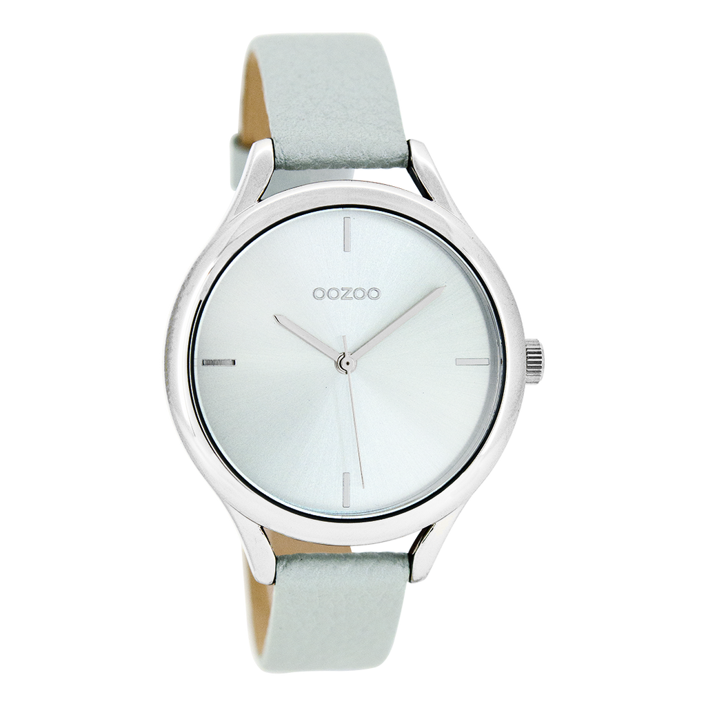 Silver coloured OOZOO watch with light blue leather strap - C8346