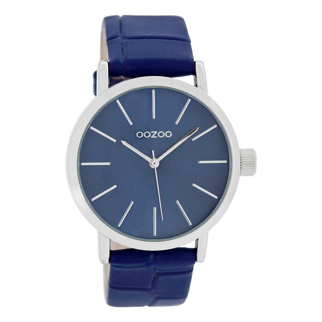 Silver coloured OOZOO watch with blue leather strap - C8422