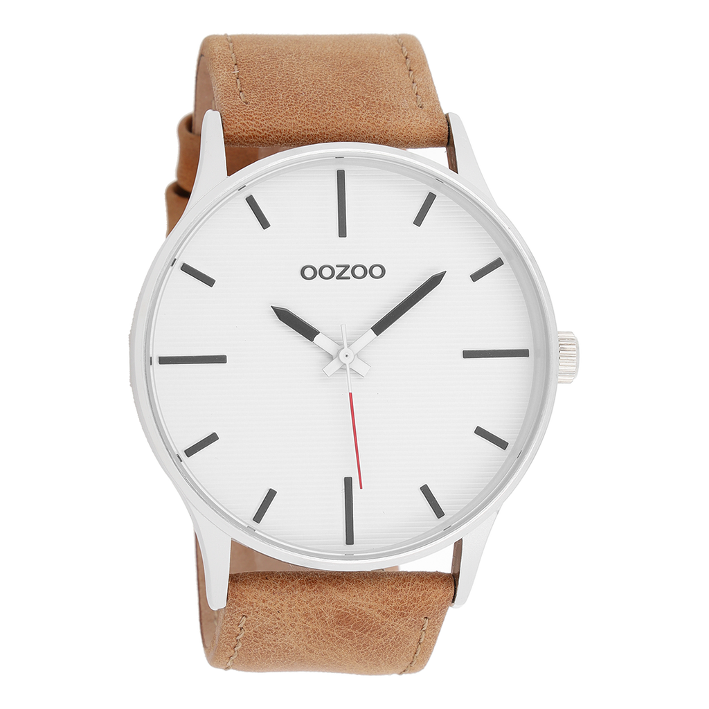 Silver coloured OOZOO watch with brown leather strap - C8550