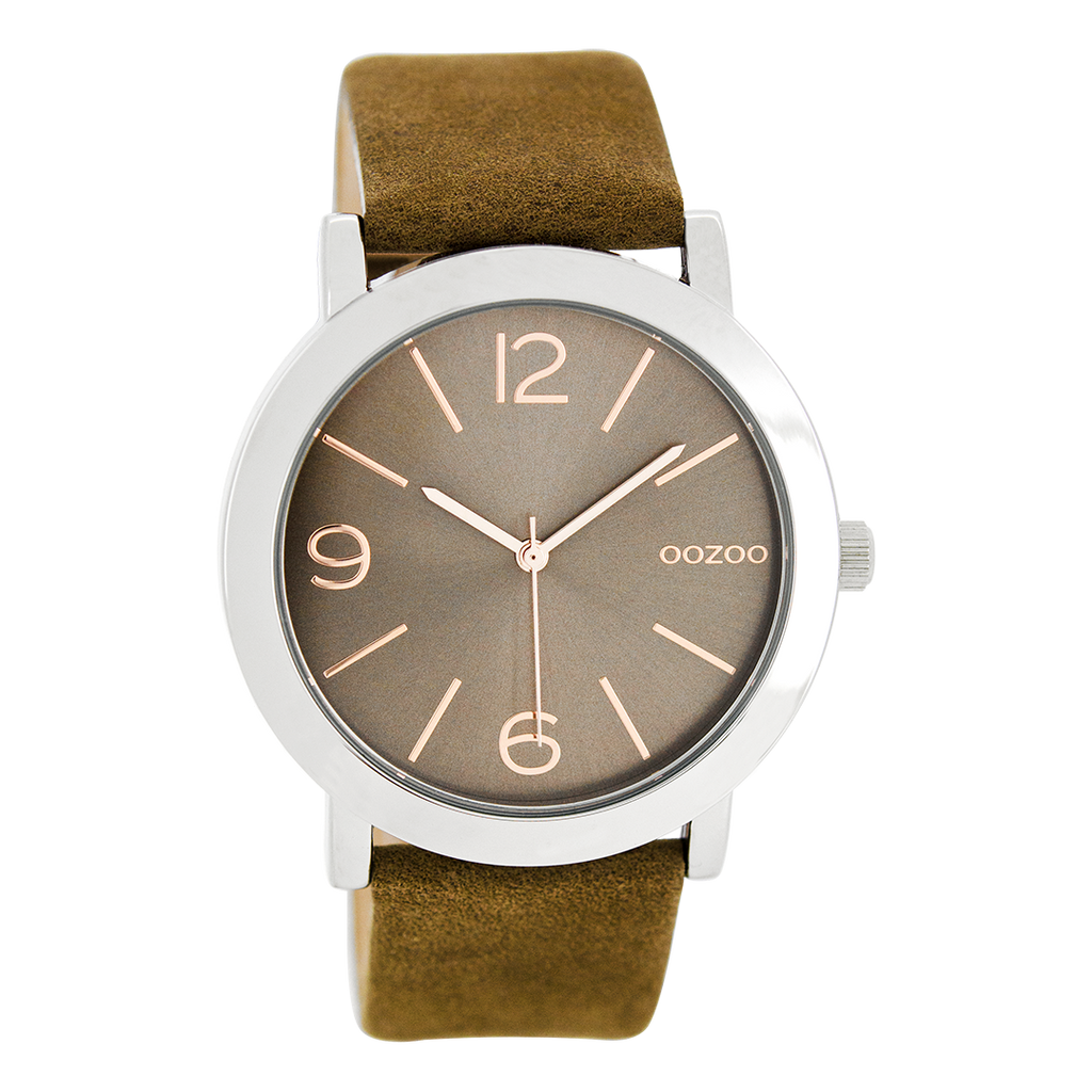 Silver coloured OOZOO watch with brown leather strap - C8713